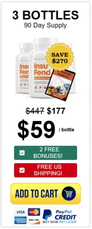 InsuFend 3 bottle package 90 day supply priced at 59 dollars per bottle with free US shipping